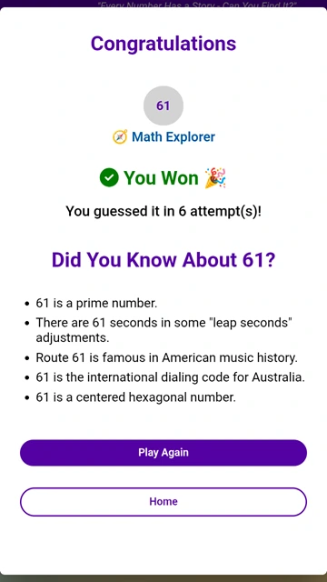 fun facts of 61 number with guess the number: Brain Game android app by dhimanp